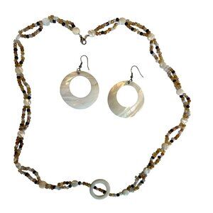 Neutral Cream Mother-Of-Pearl Beaded Necklace Matching Pierced Hoop Earrings Set